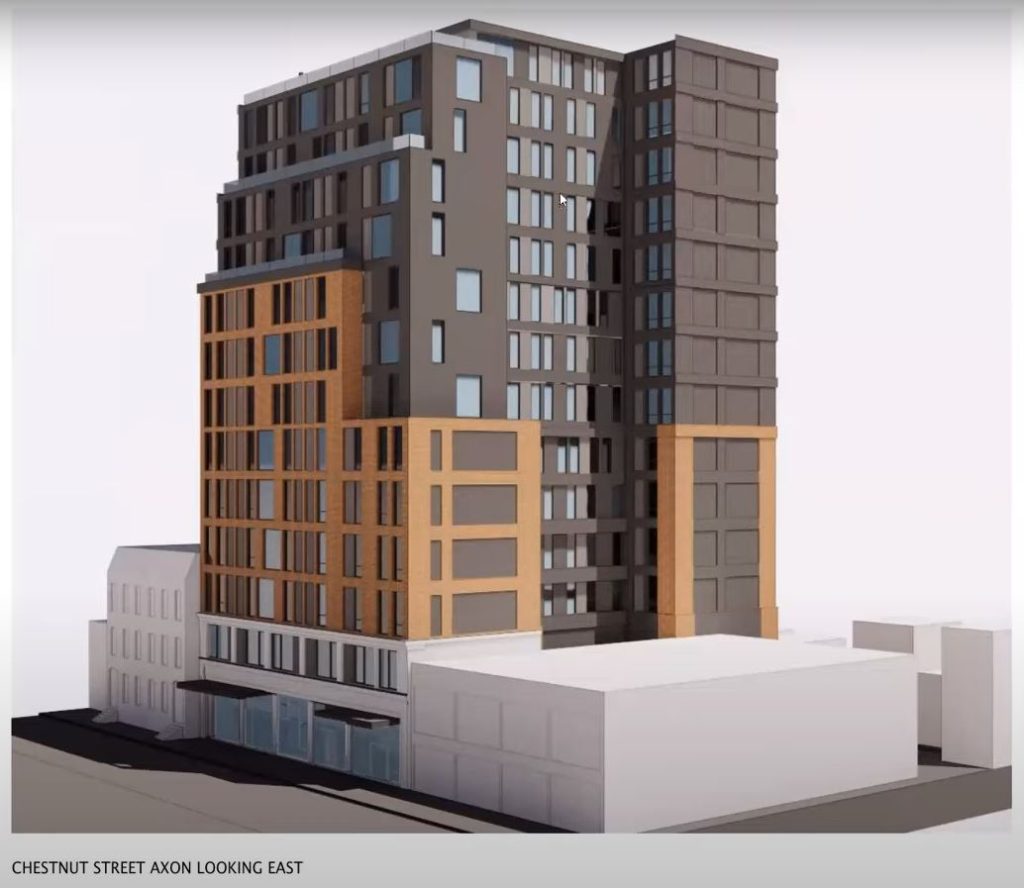 Architectural rendering of the planned 14-story apartment building at 2012 Chestnut Street, with gray and orange-brick facade sections above ground-floor retail.